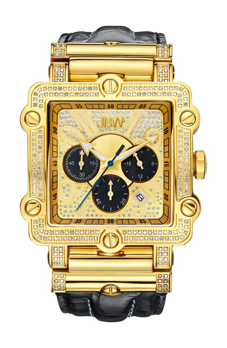 JBW Phantom Leather Strap Diamond Chronograph Watch, 46mm, Main, color, Gold