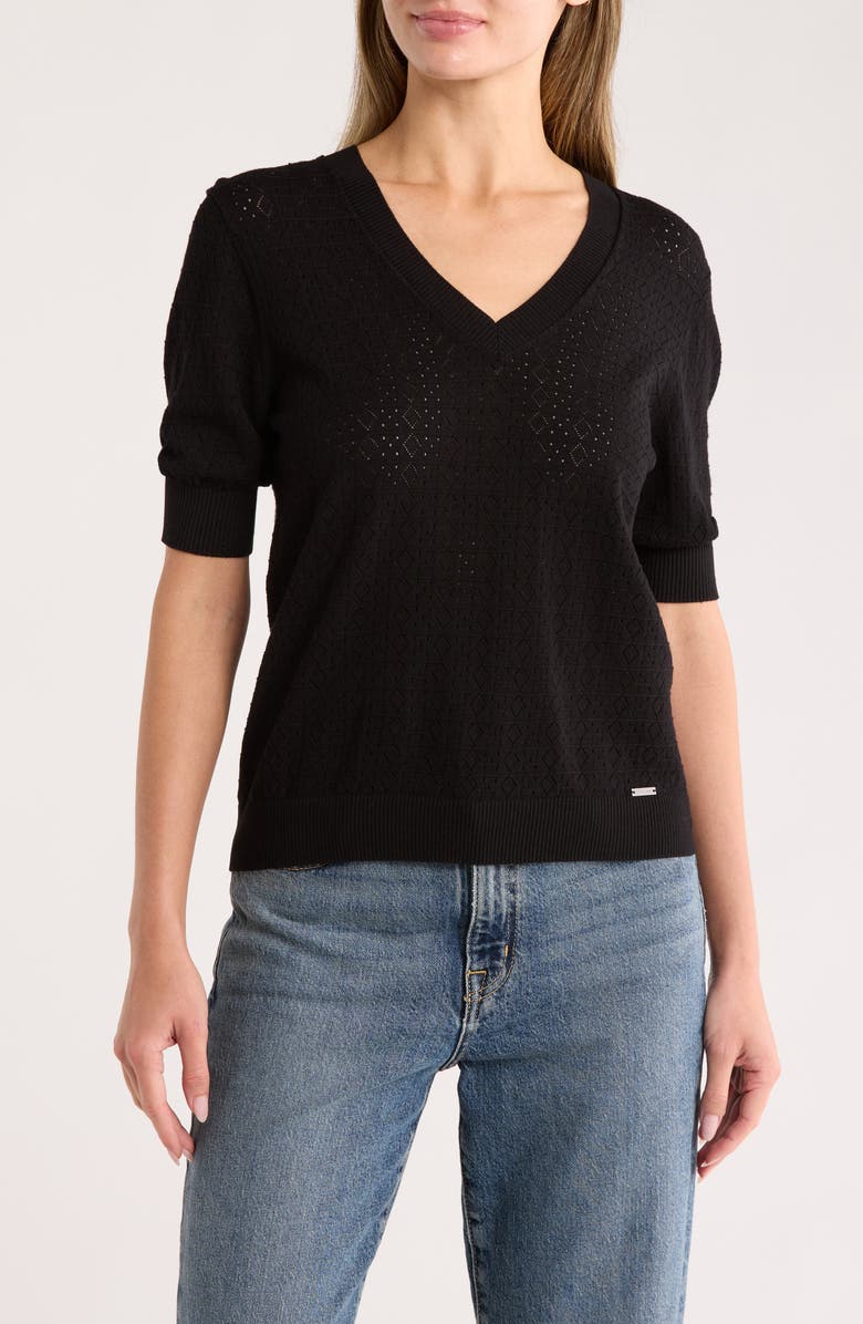 T Tahari Mitered Pointelle V-Neck Short Sleeve Sweater, Main, color,