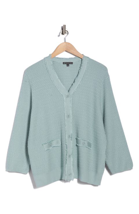 V-Neck Fringe Cardigan (Plus)