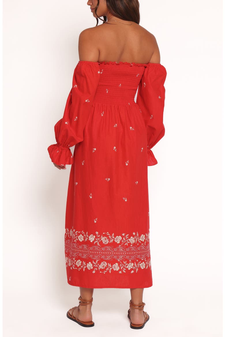 Domenica Smocked Off the Shoulder Linen & Cotton Midi Dress, Alternate, color, RED FLORAL BANDANA