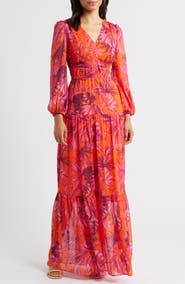 Eliza J V-Neck Long Sleeve Tiered Maxi Dress