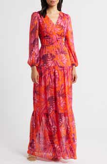 Eliza J V-Neck Long Sleeve Tiered Maxi Dress