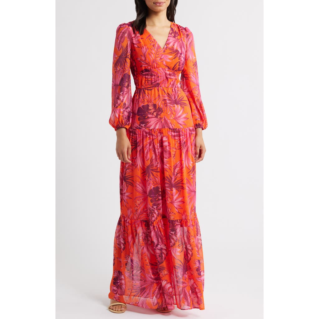 Eliza J V-neck Long Sleeve Tiered Maxi Dress In Pink