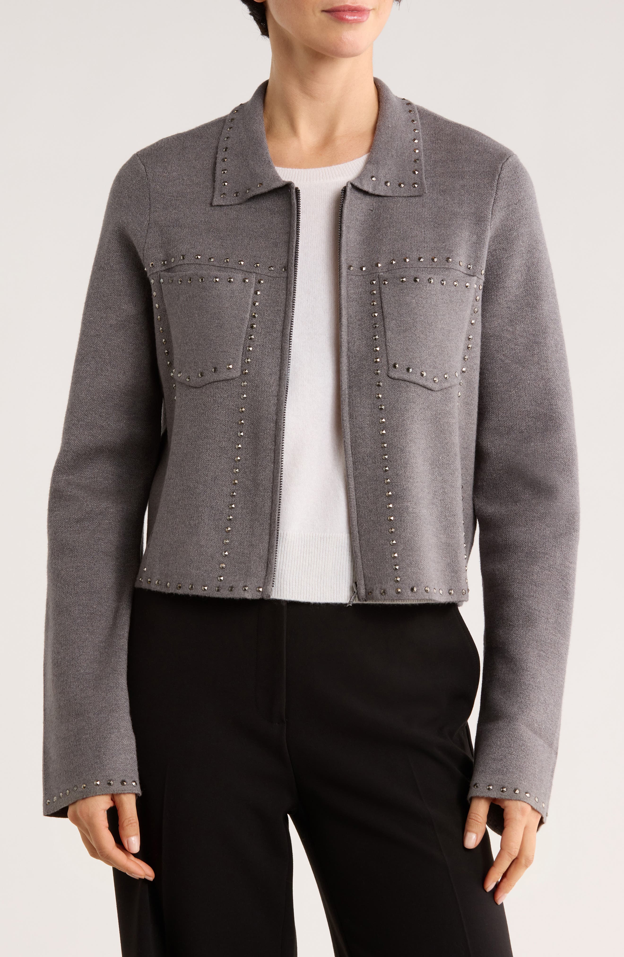 Ellen Tracy Studded Zip Cardigan