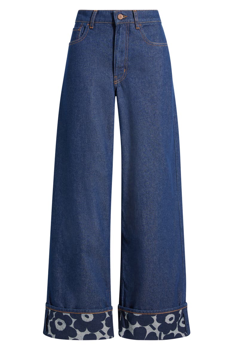 Uniko Bloom Detail Wide Leg Jeans, Alternate, color, DARK INDIGO