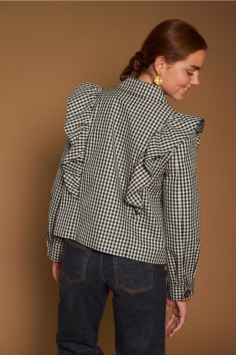 Gingham Outdoor Jacket With Ruffles, Alternate, color, Blach / Sand