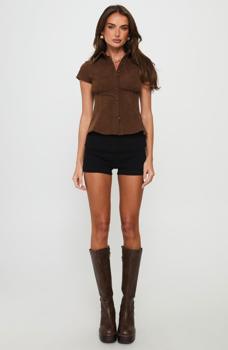 Princess Polly Cottesloe Fitted Corduroy Button-Up Shirt, Alternate, color, Chocolate