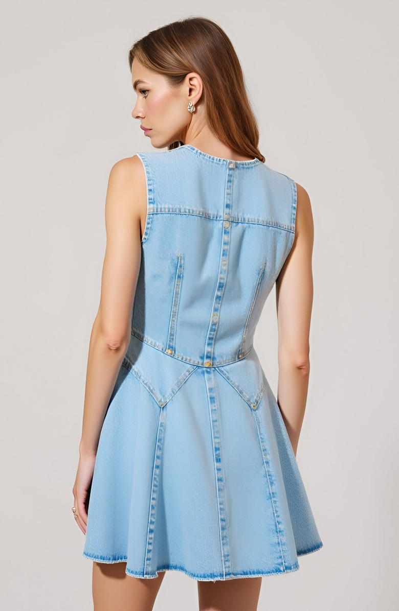 Modenaire Sleeveless Denim Mini Dress with Button Front and Flared Skirt, Alternate, color, 