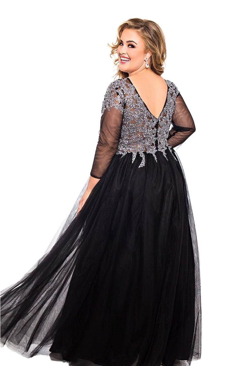 Sydney's Closet Long Sleeve V-neck Embroidered Lace A-Line Plus Size Gown, Alternate, color,