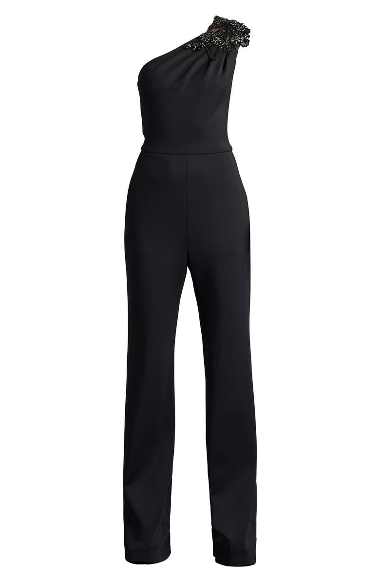 SHO by Tadashi Shoji Beaded Appliqué One-Shoulder Jumpsuit, Alternate, color, Black