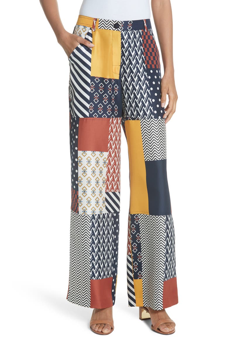 Denise Patchwork Silk Pants, Main, color, GEOMETRIC PATCHWORK