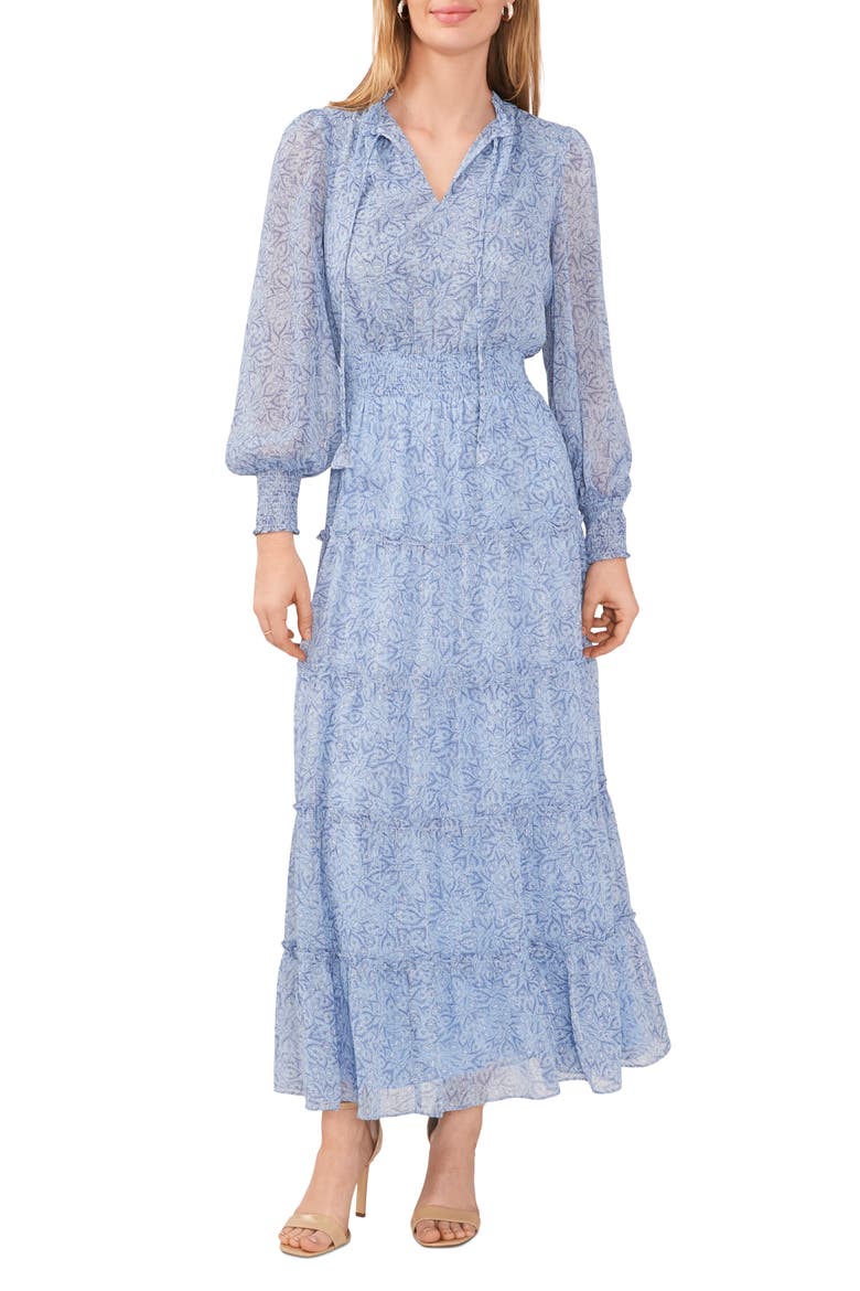 Leaf Print Metallic Smocked Waist Long Sleeve Tiered Midi Dress, Main, color, FORGET ME NOT