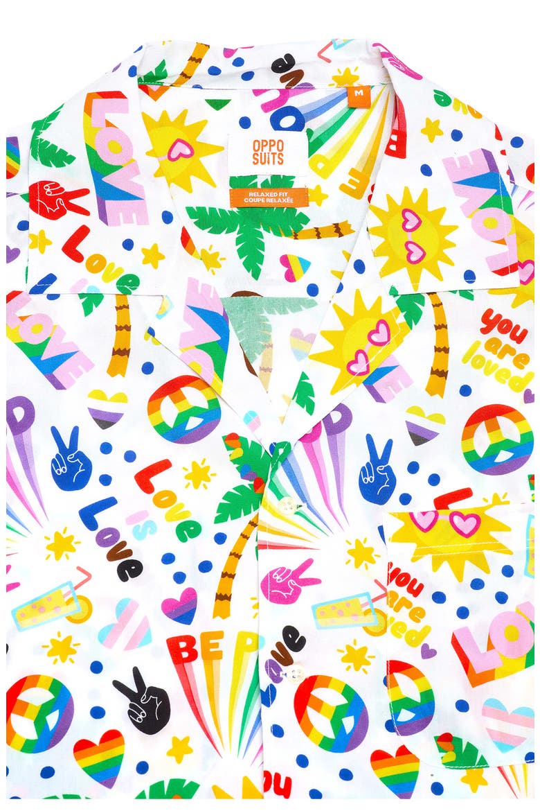 Relaxed Fit Tropic Pride Icons Print Camp Shirt, Alternate, color, WHITE