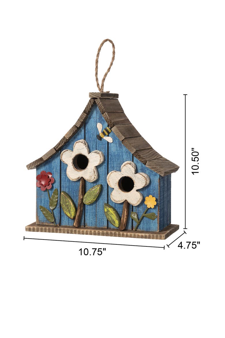 Distressed Solid Wood Birdhouse with 3D Flowers, Alternate, color, Blue