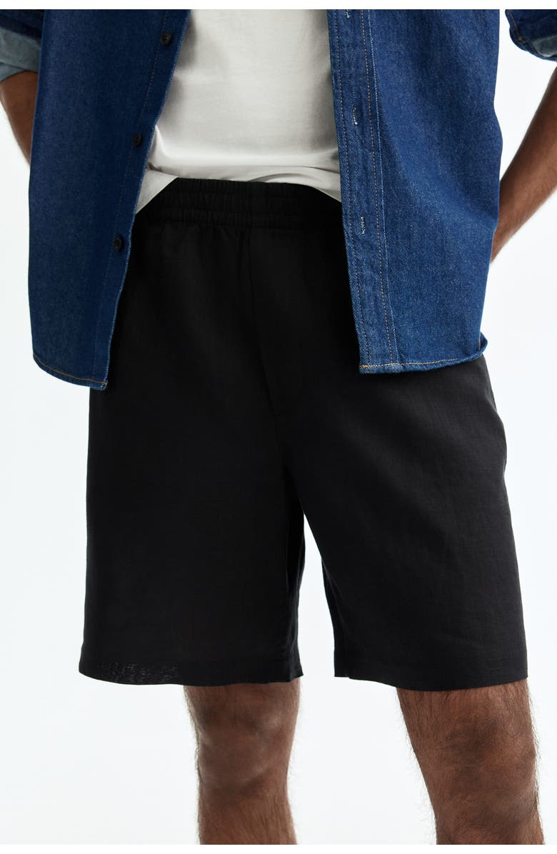 H&M Relaxed Fit Linen Shorts, Alternate, color, Black