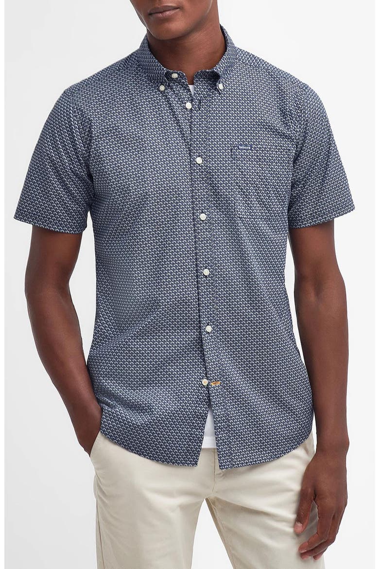 Tailored Fit Scallop Print Short Sleeve Cotton Button-Down Shirt, Main, color, NAVY