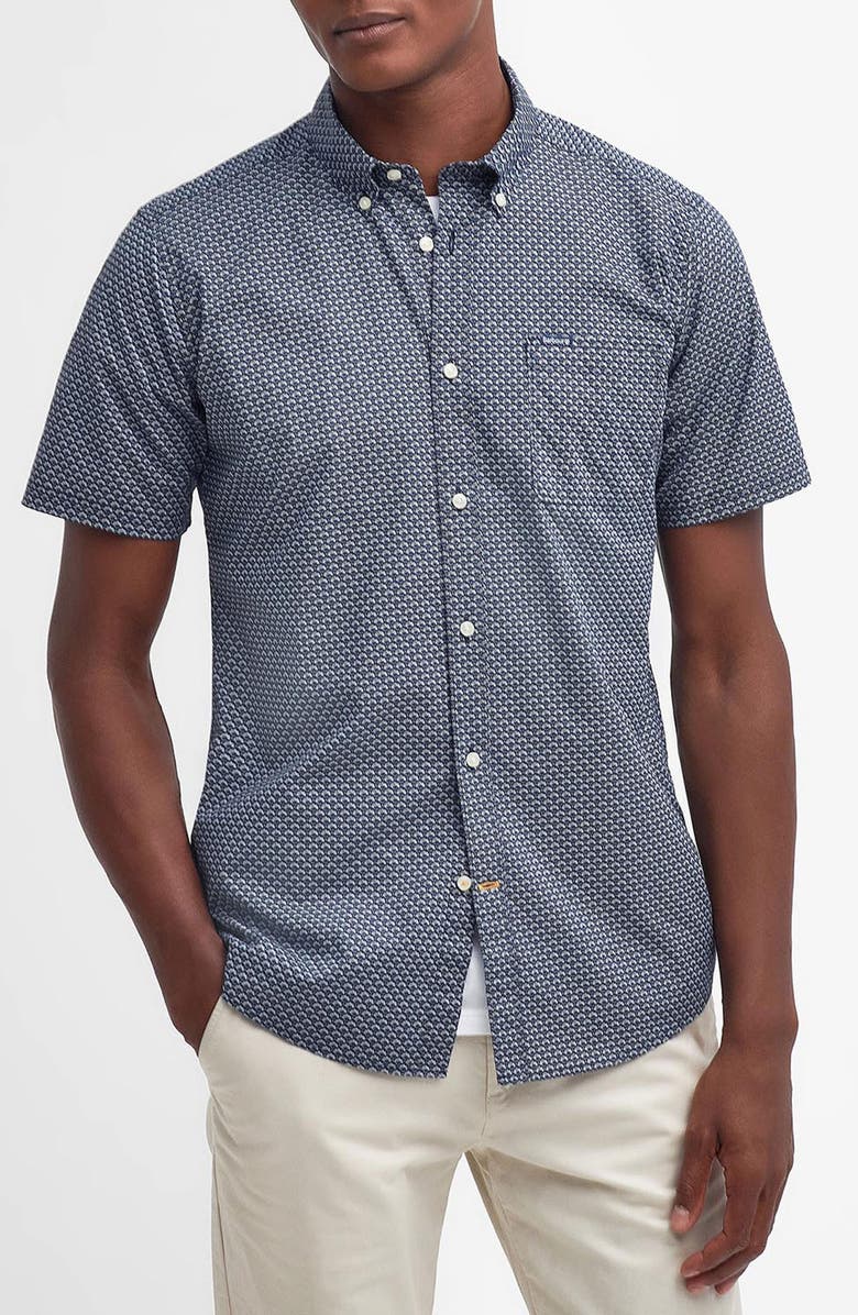 Barbour Tailored Fit Scallop Print Short Sleeve Cotton Button-Down Shirt, Main, color, Navy