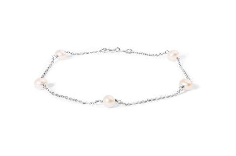 14K White Gold Cultured White Freshwater Pearl Station Bracelet