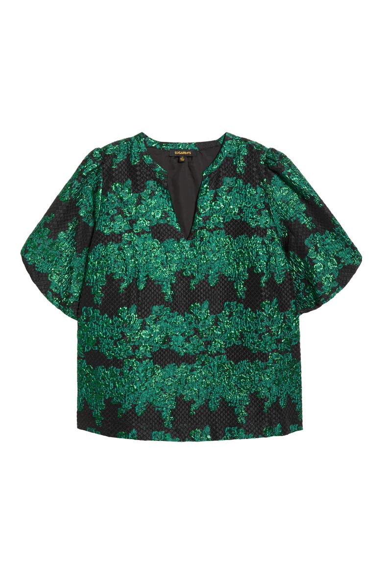Elyna Jacquard Tavia Split Neck Top, Alternate, color, GREEN-BLACK