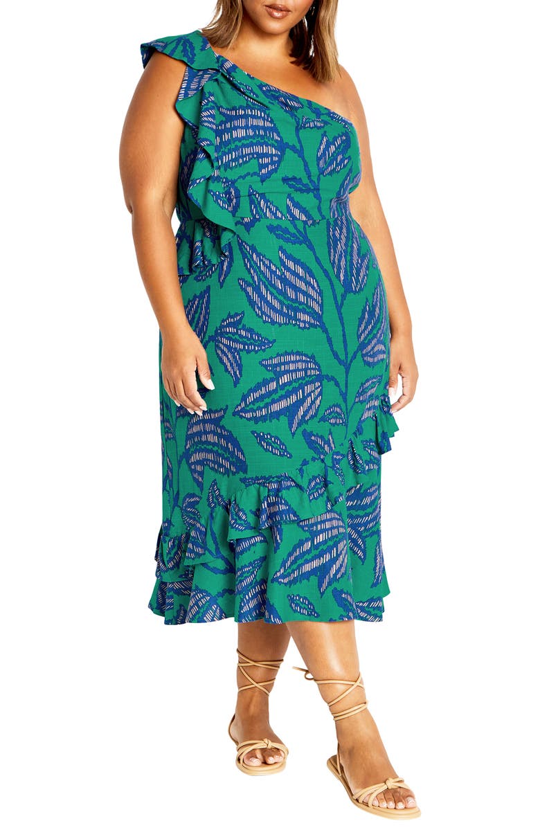 City Chic Escapism Ruffle One-Shoulder Midi Dress, Main, color, 