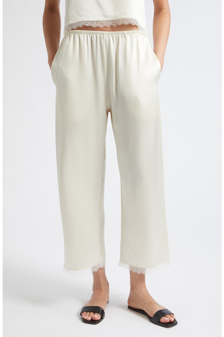 Barb Lace Detail Crop Satin Pants, Main, color, CREME