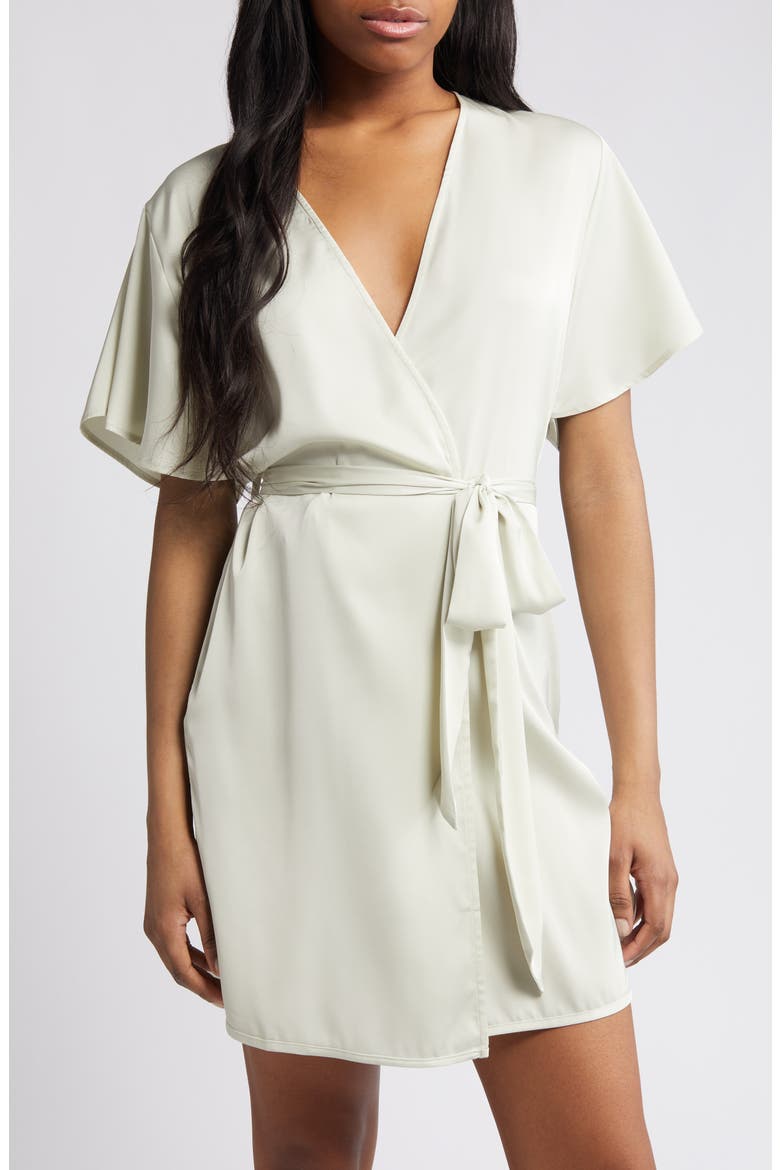 Tie Waist Short Satin Robe, Main, color, GREEN SHADE