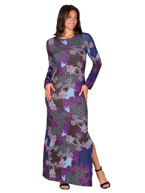 24seven Comfort Apparel Paisley Long Sleeve Side Slit Fitted Maxi Dress In Purple