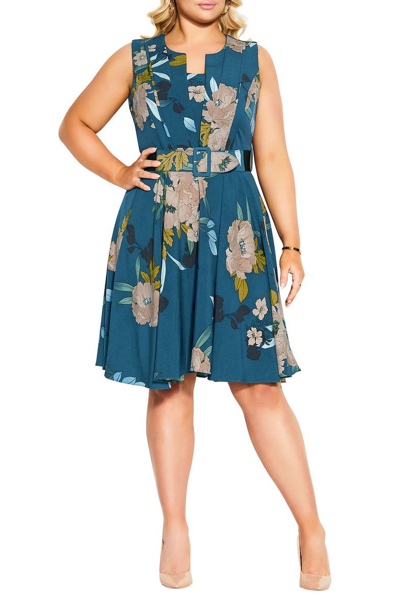 Alessia Floral Pleated Fit & Flare Dress, Main, color, TEAL BOLD BLOOM