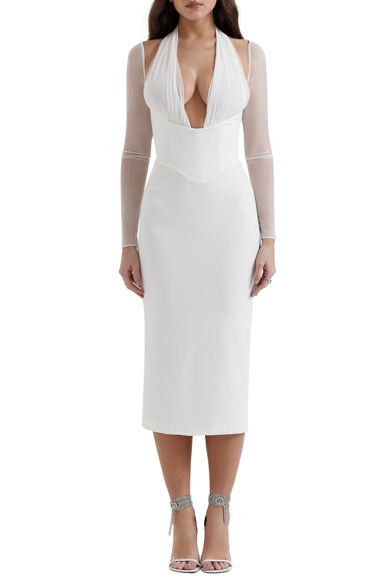Yasmin Long Sleeve Body-Con Midi Cocktail Dress, Main, color, WHITE