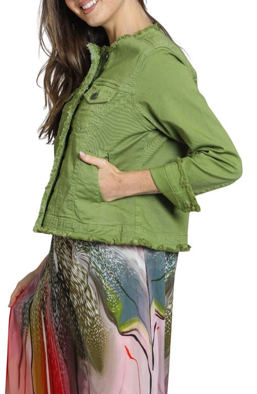 Apny Frayed Collarless Denim Jacket In Turtle Green