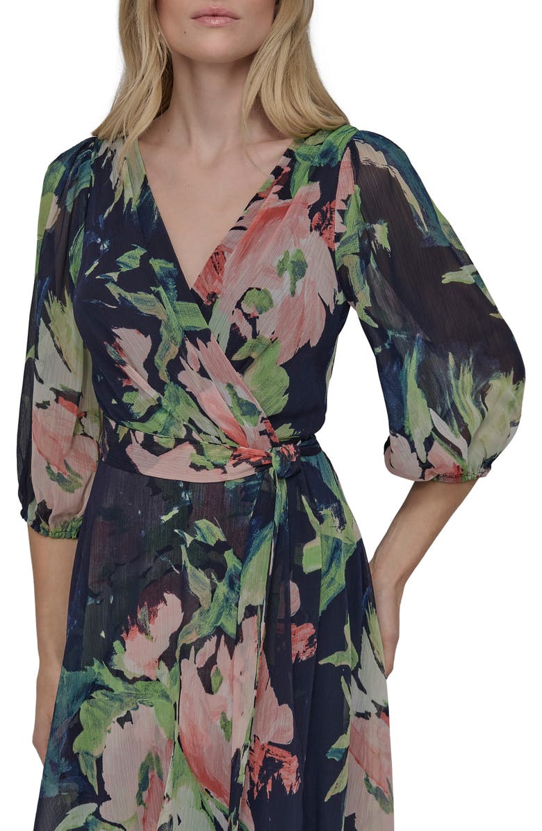 DKNY Floral Balloon Sleeve Faux Wrap Midi Dress, Alternate, color, Navy Multi