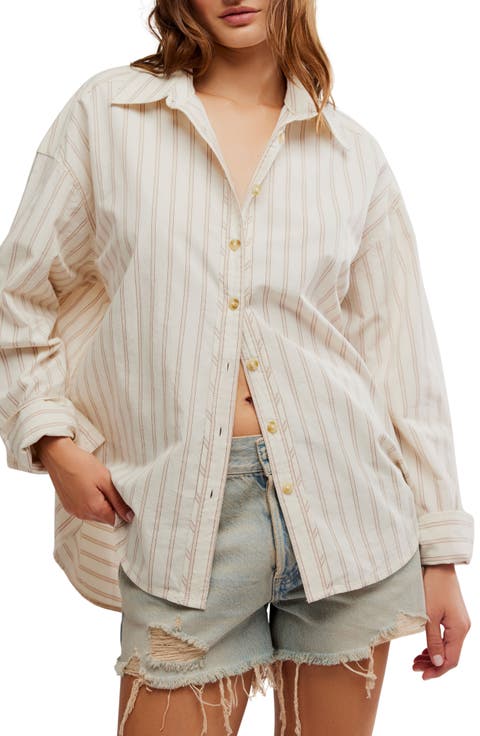 Varsity Vibes Stripe Oversize Cotton Button-Up Shirt