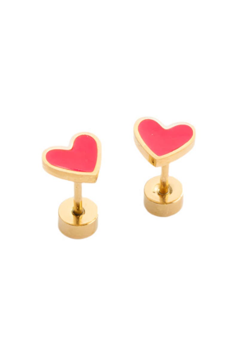 Girls' Enamel Heart Flatback Stud Hypoallergenic Earrings, Main, color, Hot Pink