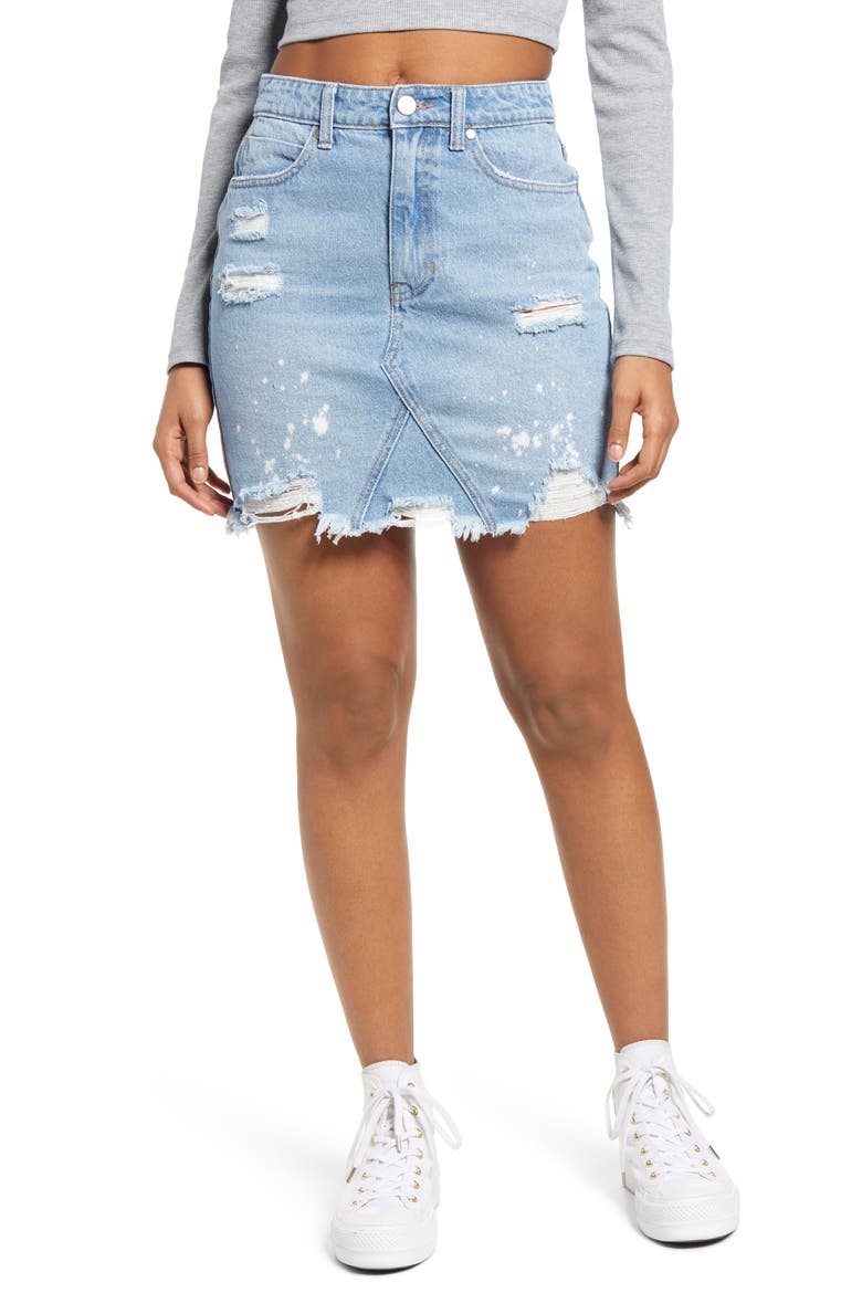 Paint Splatter Ripped Organic Denim Miniskirt, Main, color, BLUE DARK SPLATTER WASH