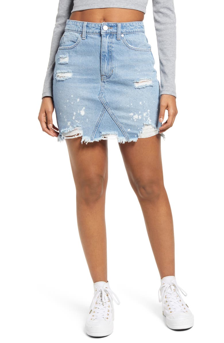 BP. Paint Splatter Ripped Organic Denim Miniskirt, Main, color, 