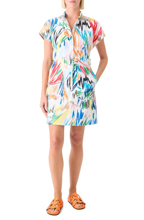 Scribble Print Stretch Denim Minidress