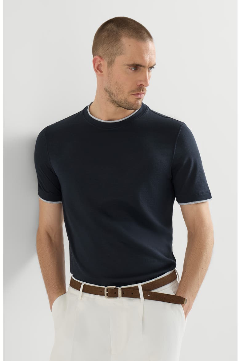 Silk and cotton lightweight jersey crew neck T-shirt with faux-layering, Alternate, color, Cobalt