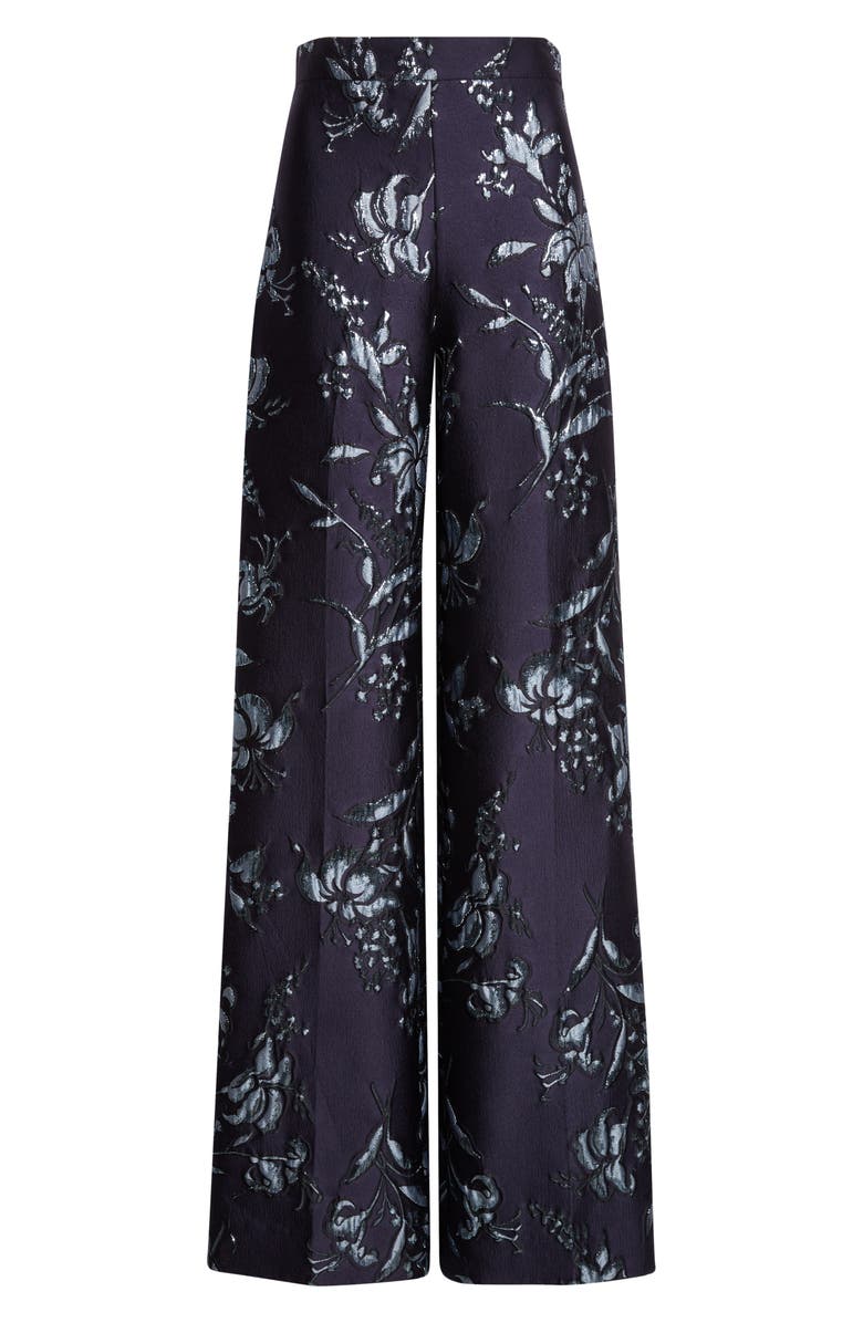 Lela Rose Metallic Floral Brocade Wide Leg Pants, Alternate, color, Navy