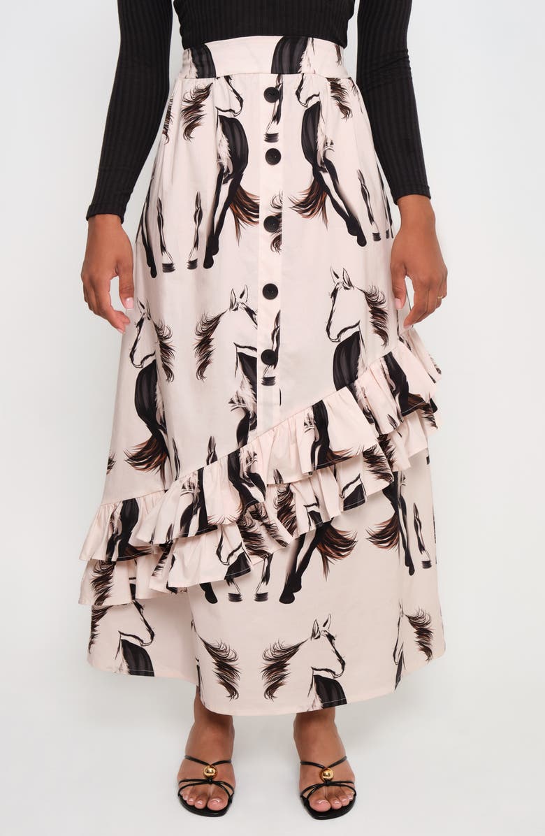 The Lulo Project Gaucho Horse Print Stretch Cotton Maxi Skirt, Main, color, Beige Horses