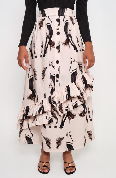 Gaucho Horse Print Stretch Cotton Maxi Skirt