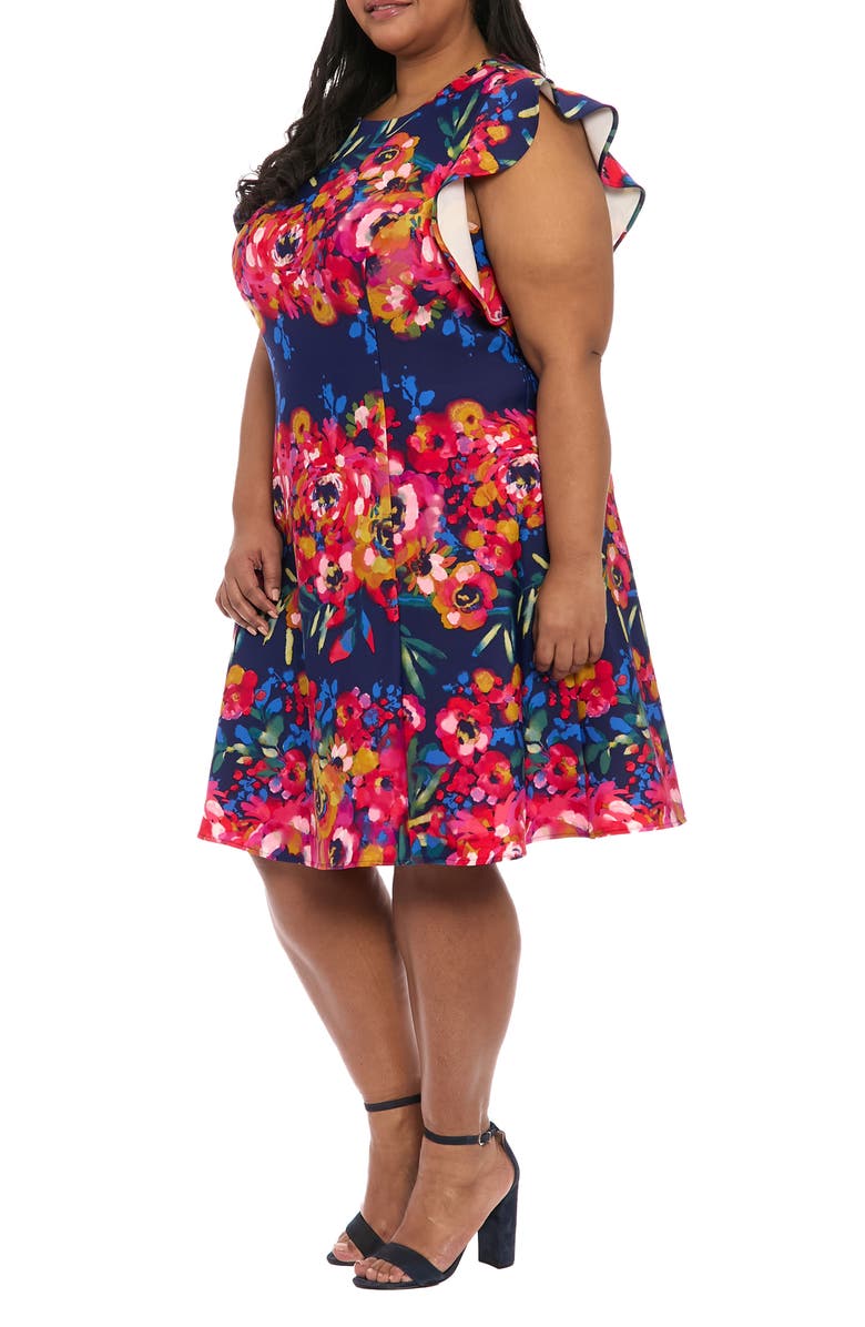 London Times Stripe Scuba Knit Fit & Flare Dress, Alternate, color, Navy/ Raspberry