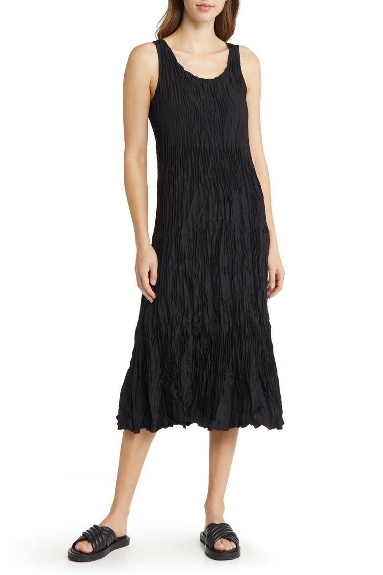 Tiered Pleated Silk Midi Dress, Main, color, BLACK
