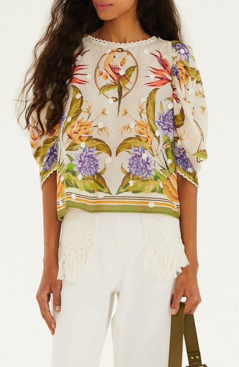 Tropical Print Lace Trim Top