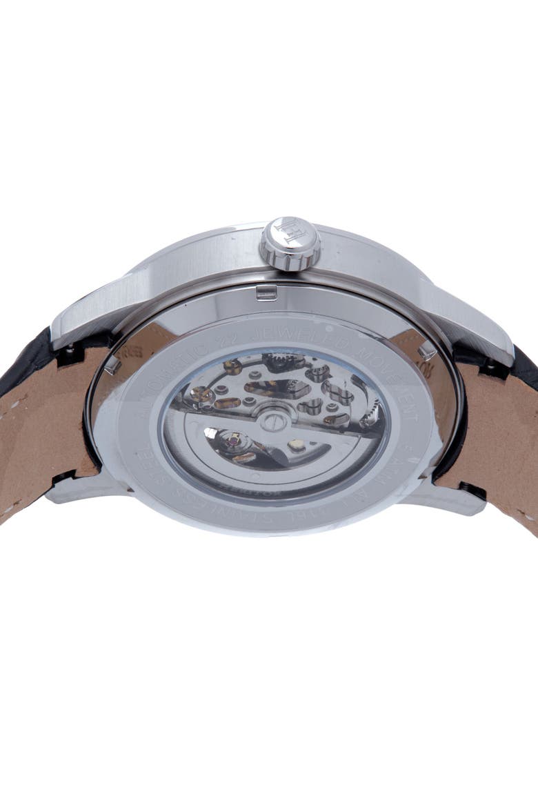 Davies Semi-Skeleton Leather-Band Watch, Alternate, color, Silver/Black