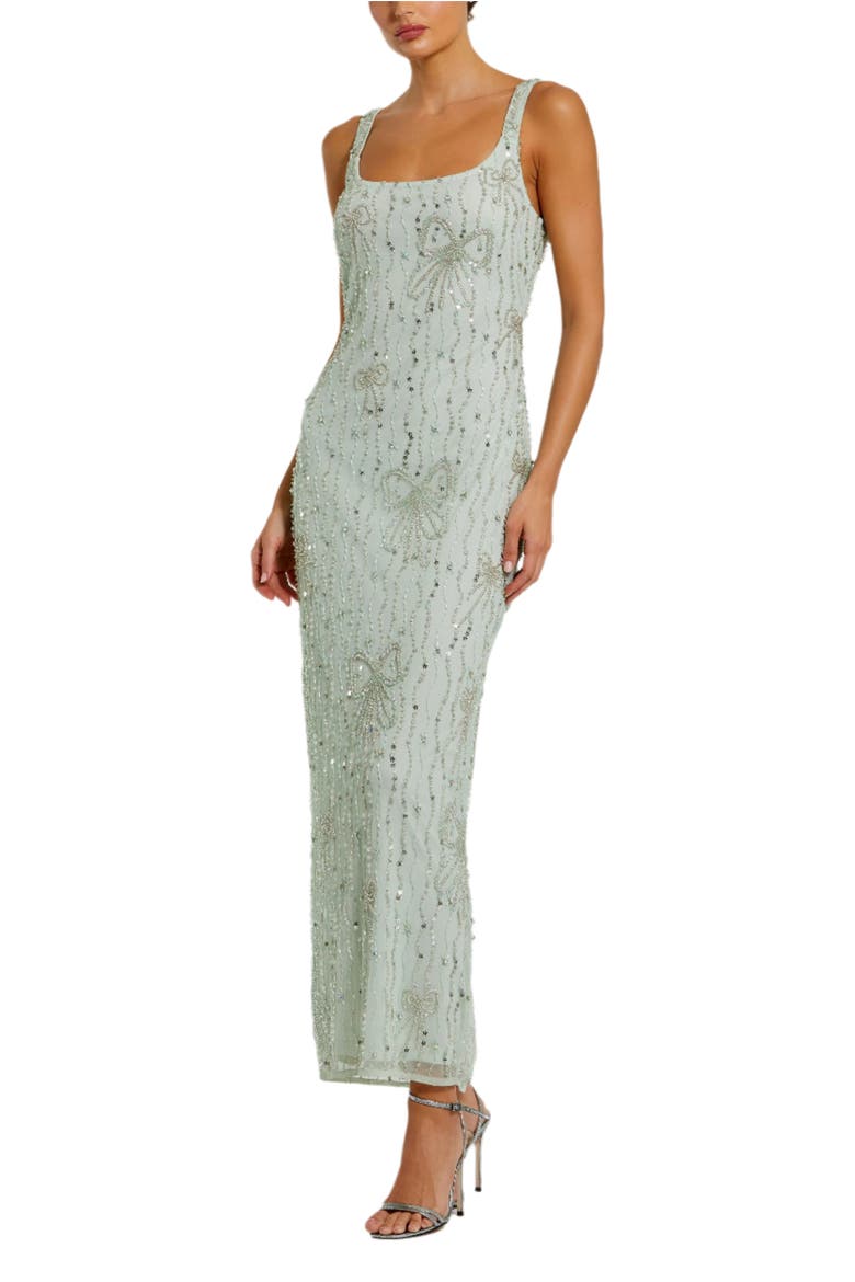Women's Beaded Mesh Scoop Neck Fitted Gown With Bows, Main, color, Seafoam