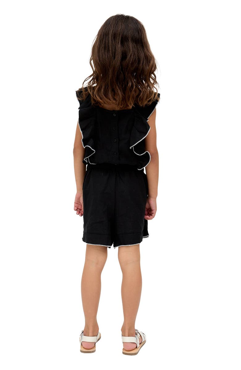 Raffya Kids Philo Ruffle Neck Embroidered Romper, Alternate, color, Black