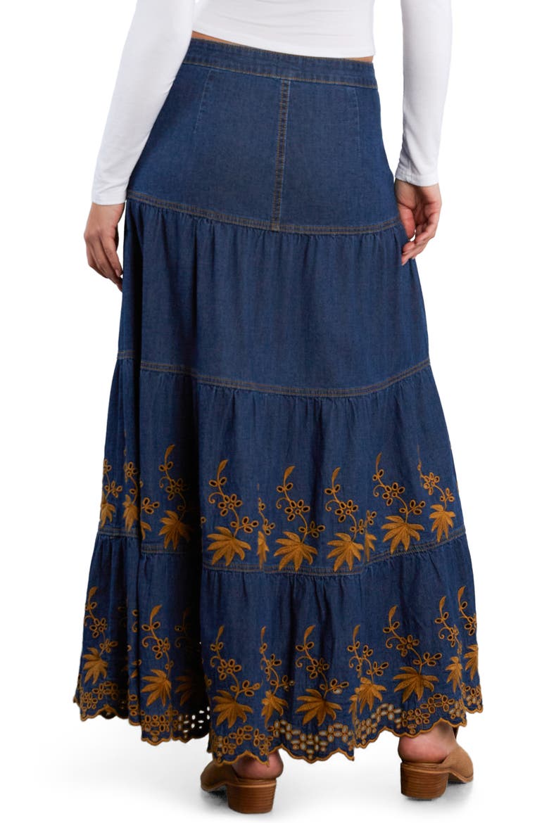Tiered Eyelet Denim Midi Skirt, Alternate, color, BOHO DENIM
