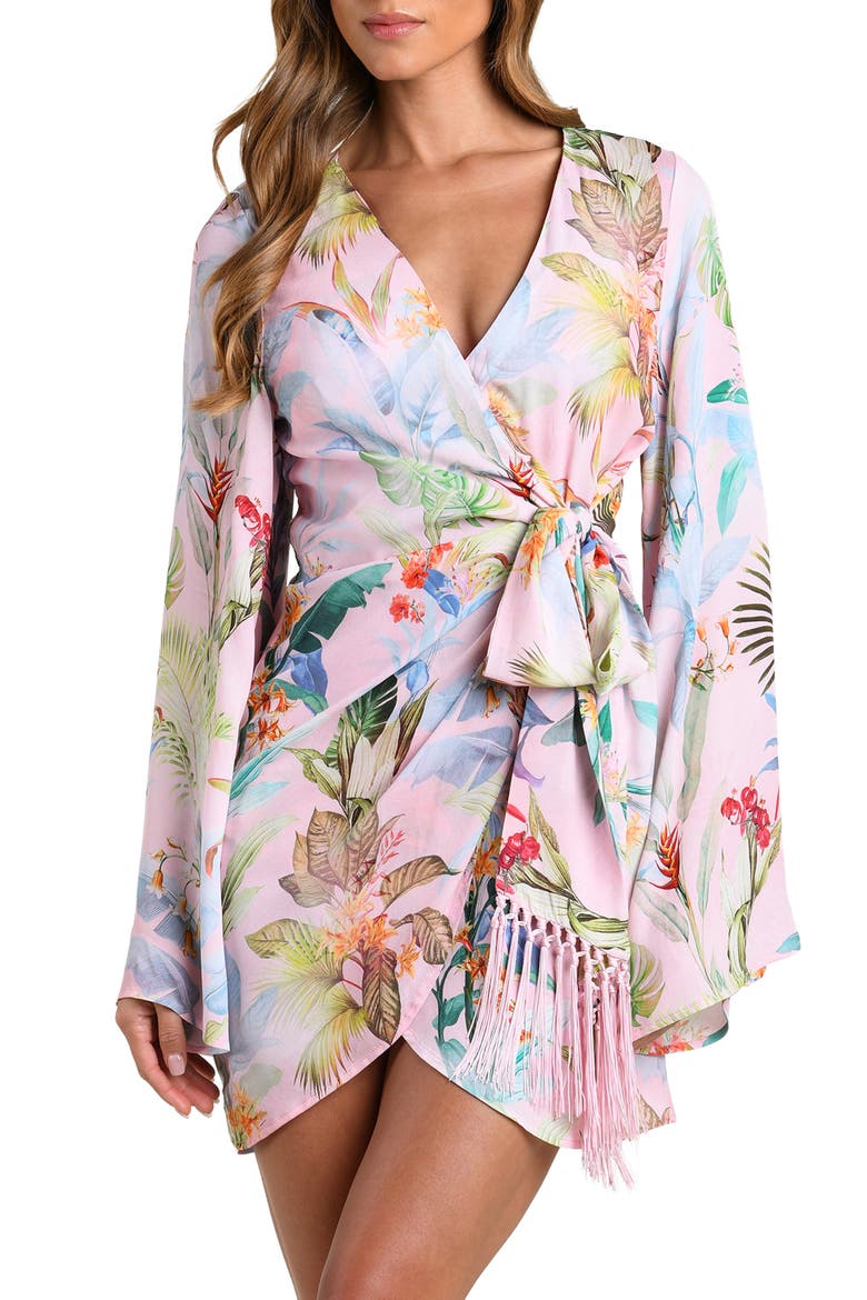 Colorful Palms Long Sleeve Cover-Up Dress, Main, color, PINK MULTI