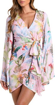 L'AGENCE Colorful Palms Long Sleeve Cover-Up Dress