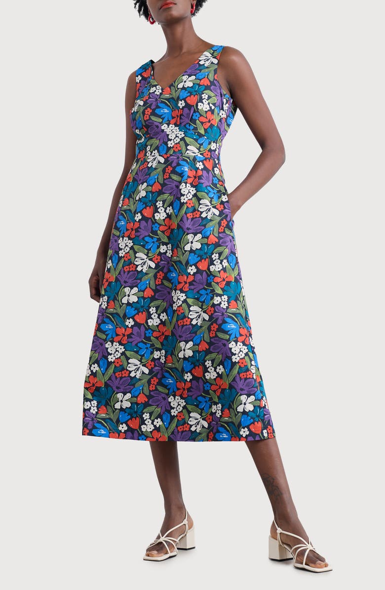 Seasalt Cornwall Sky Beyond Sleeveless Organic Cotton Midi Dress, Main, color, Crayon Floral Maritime
